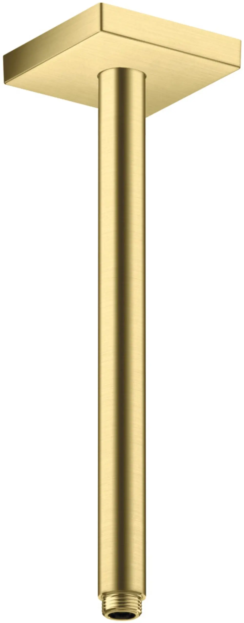 Deckenanschluss in gebürstetem Messing, mit quadratischer Oberseite und gewindeartigem Anschluss. Hersteller ist AXOR.